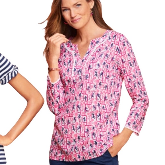 Talbots Monkey Print Pink and Navy Blue Tunic Top - M - Picture 15 of 15
